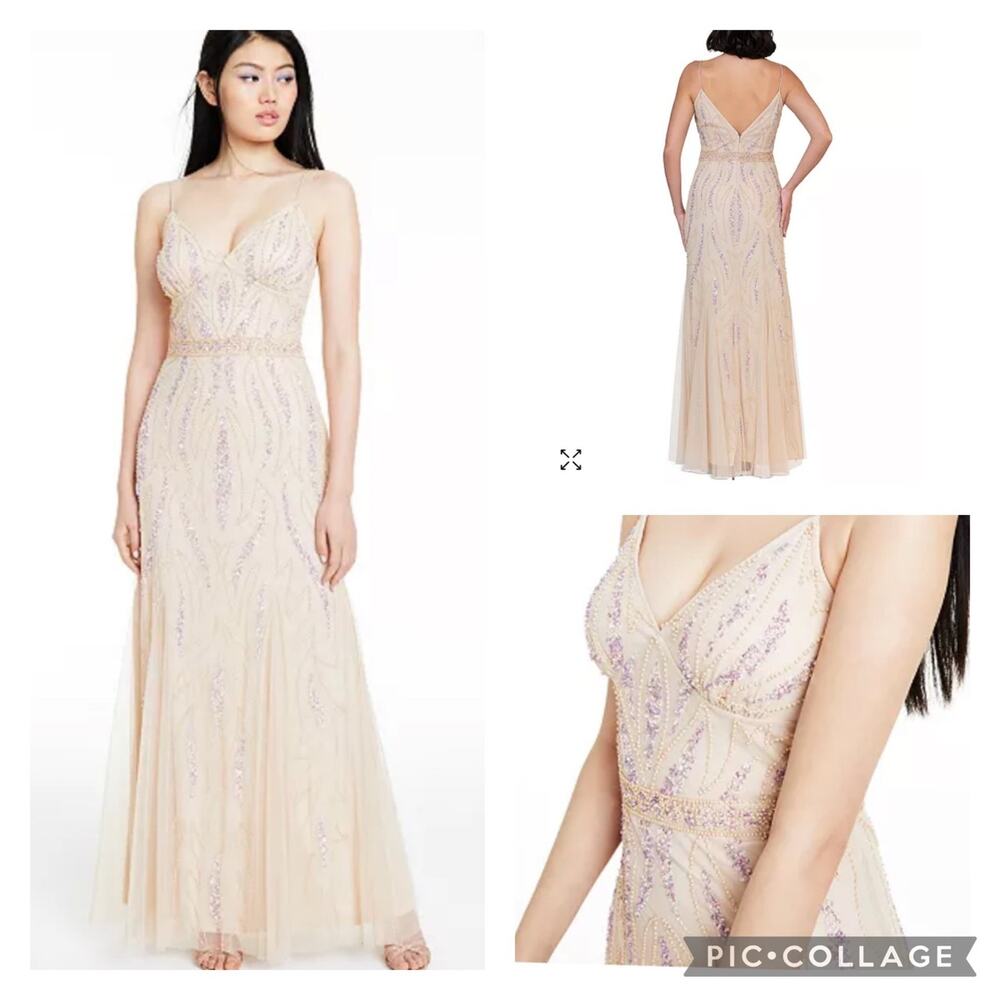 2000s Jump Apparel Beaded Mesh Gown Nude Champagne NWT 9-10